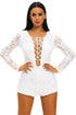 Sexy White Lace Long Sleeve Lace Up Front Playsuit